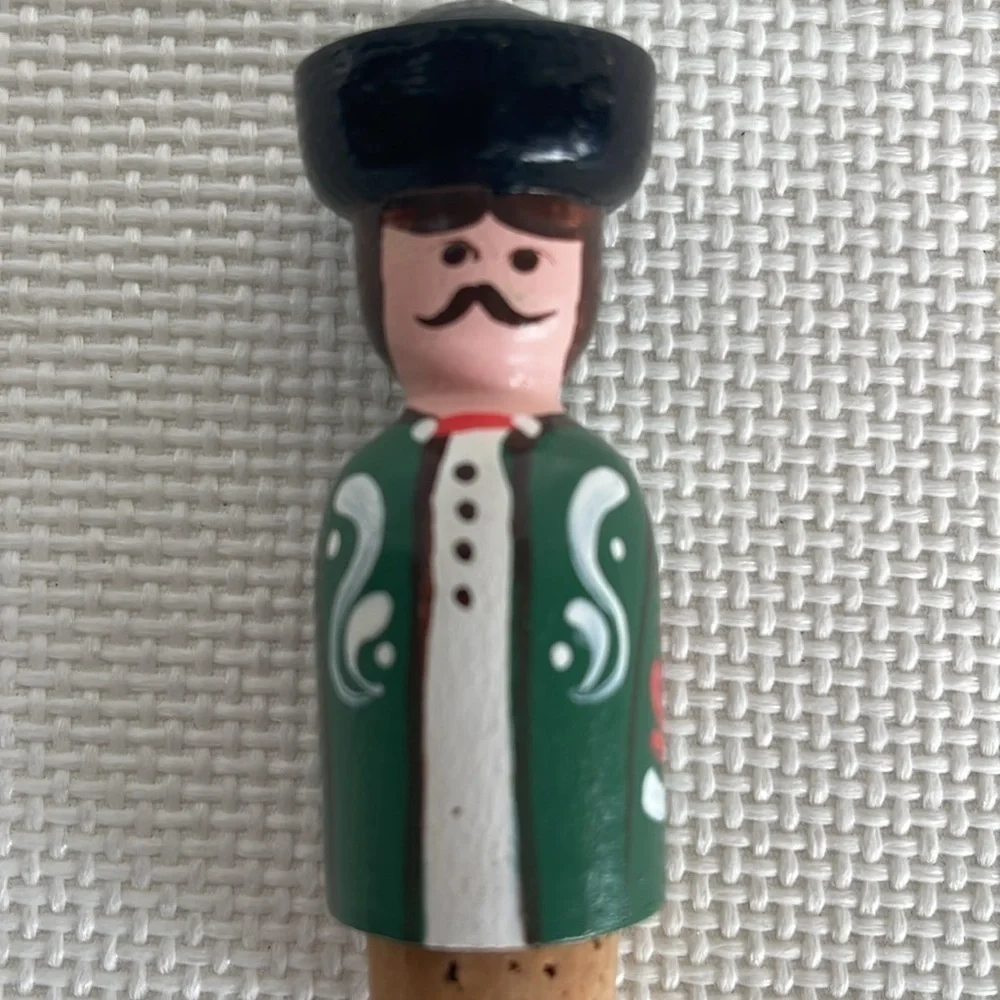 Vintage Hand Carved Wooden Wine Stopper Set of 2 Folk Art Hand Painted EUC